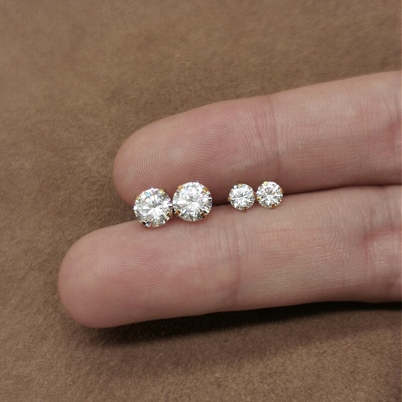 Gold Round CZ Crystal Stud Earrings Screw Back Surgical Steel Ear Stud 2-6mm 2PC