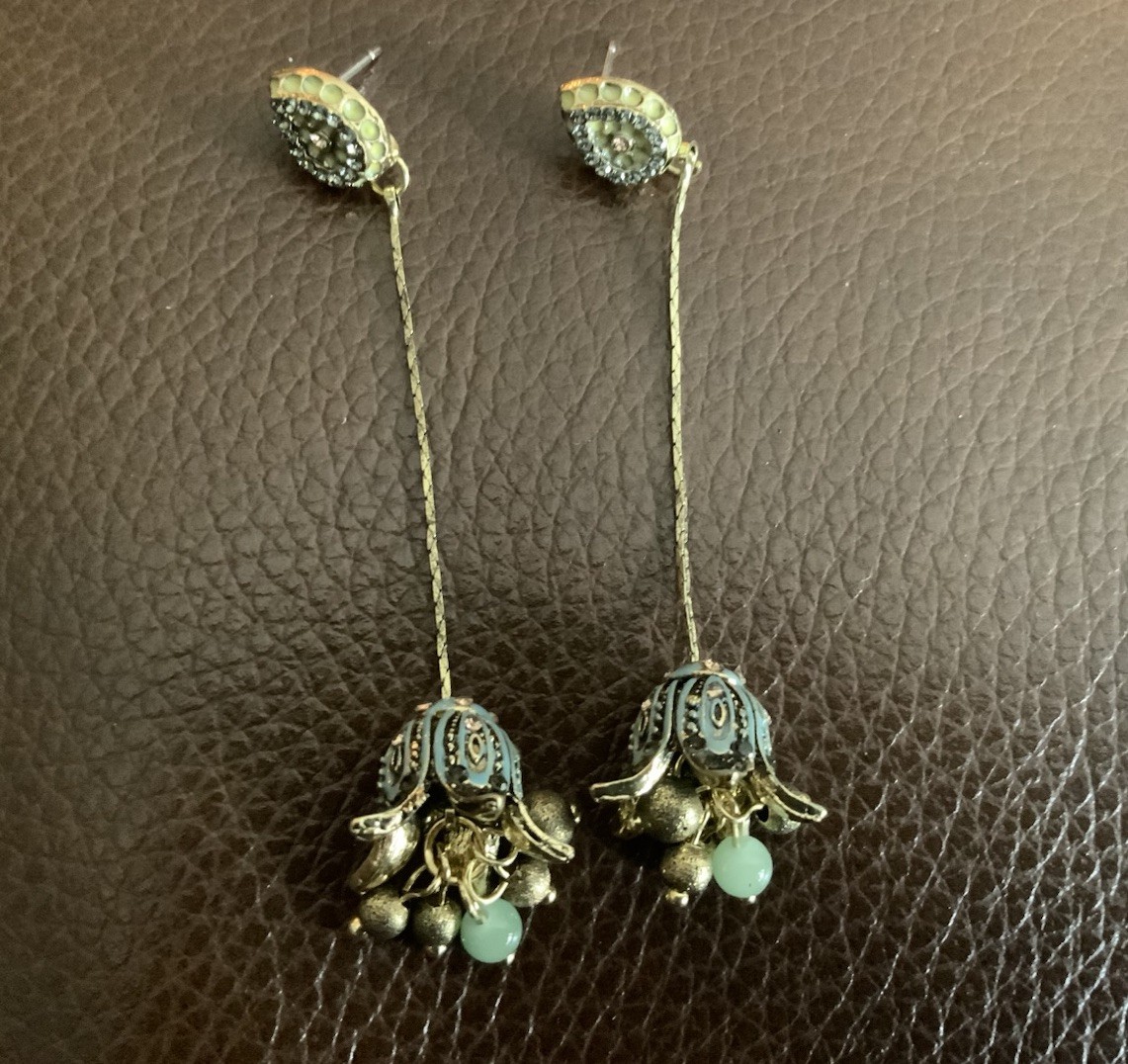 Museum Flower Earrings Filigree Art Nouveau VTG Gold Antique Bell Boho Chain CZ