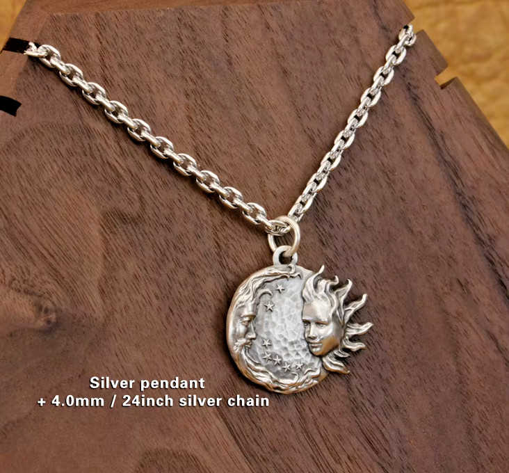 CELESTIAL MOON SUN FACES HOROSCOPE Pendant on 925 Sterling Silver 22″ Necklace
