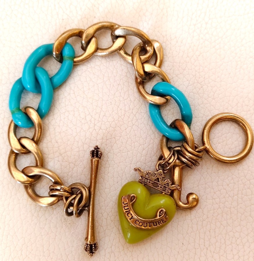 Vintage Juicy Couture Gold Tone Toggle Bracelet Turquoise Resin Links Green Hear