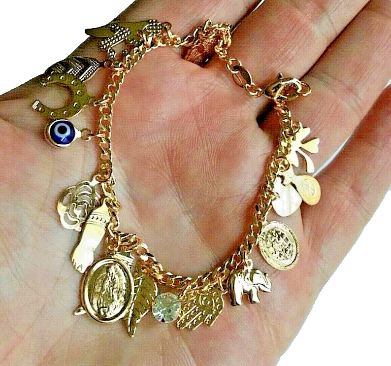 14K Gold Plated Bracelet Good Luck 7.5” Long /Pulsera De Buena Suerte -B48