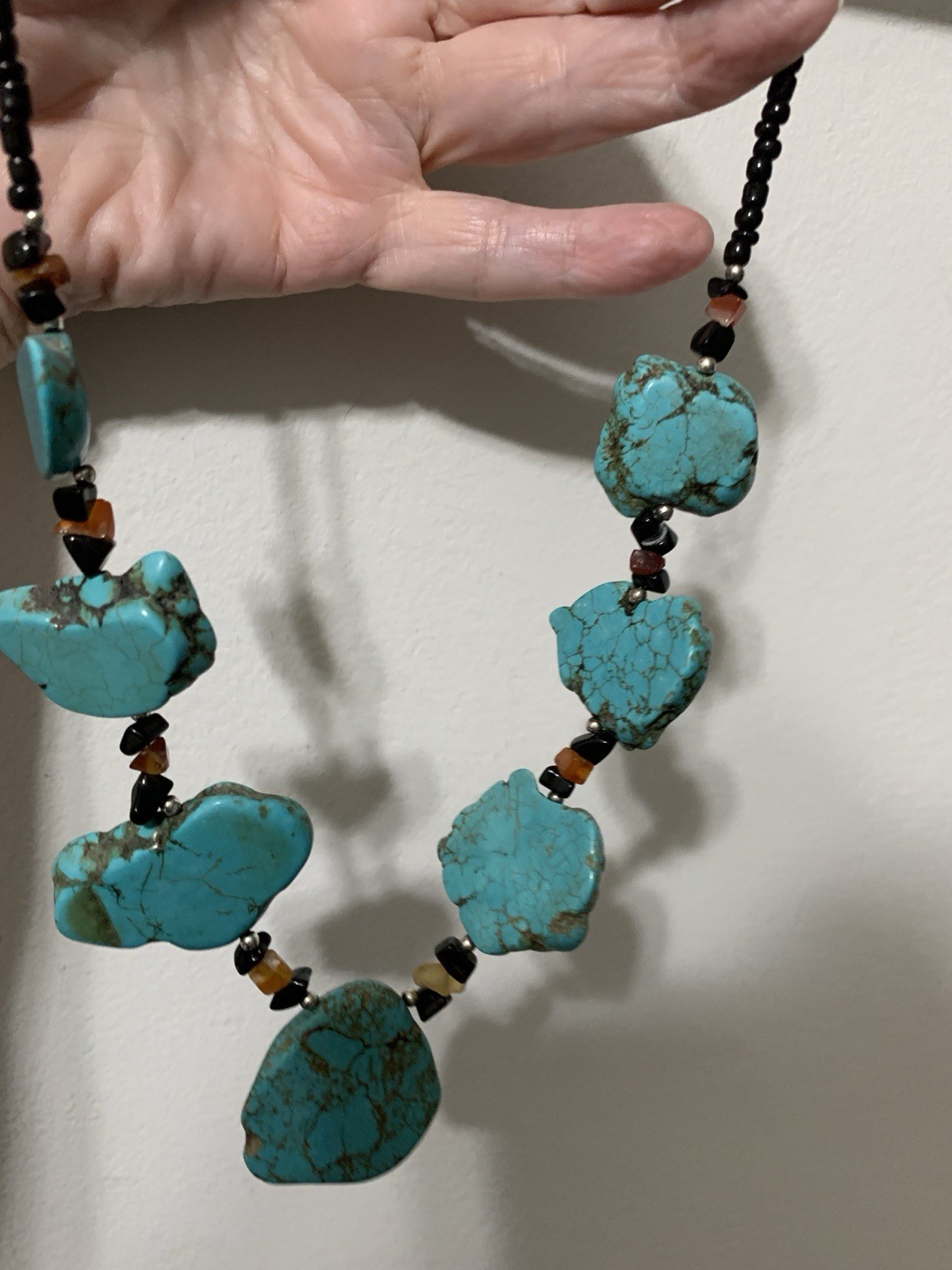 Southwestern Silver tone Chunky Turquoise Slabs, With Orange & Black Beads, 22”