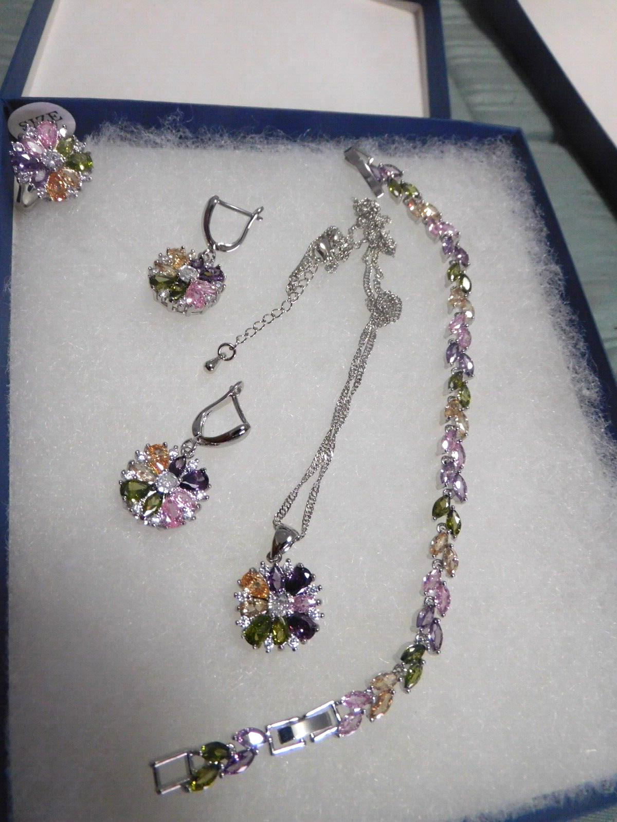 New 5 Piece Necklace Earrings Bracelet Ring Multi-Color Zircons 925 Wedding Set