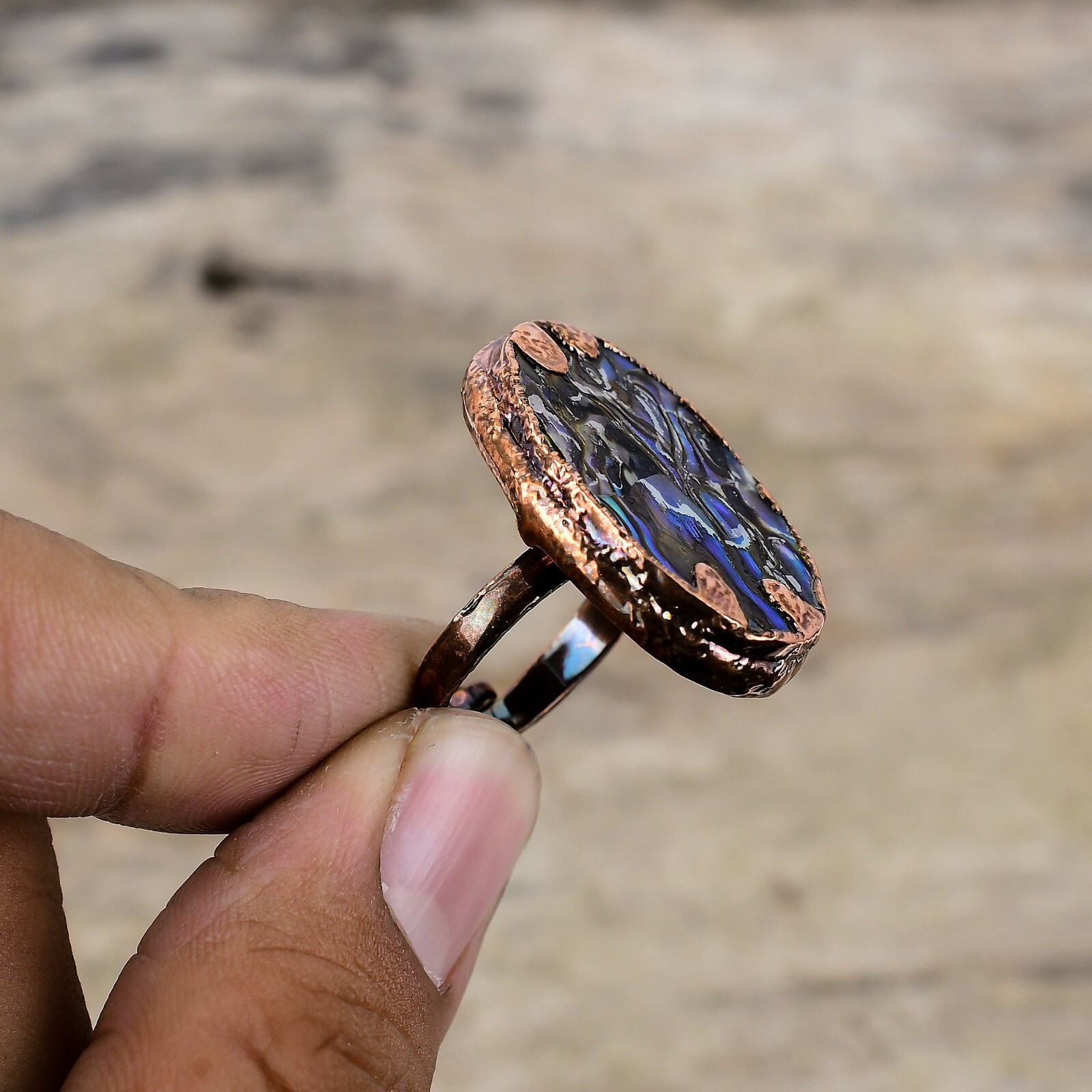 Copper Oval Abalone Shell Stone Bezel Electroformed Promise Ethnic Ring Jewelry