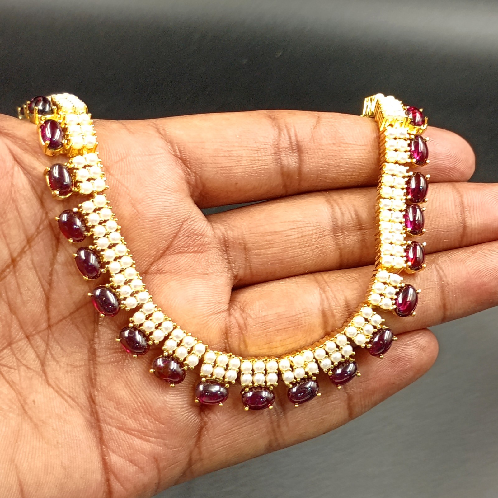 Garnet and Pearl Necklace Set 22k Gold Plated Traditional Ethnic Jewelry