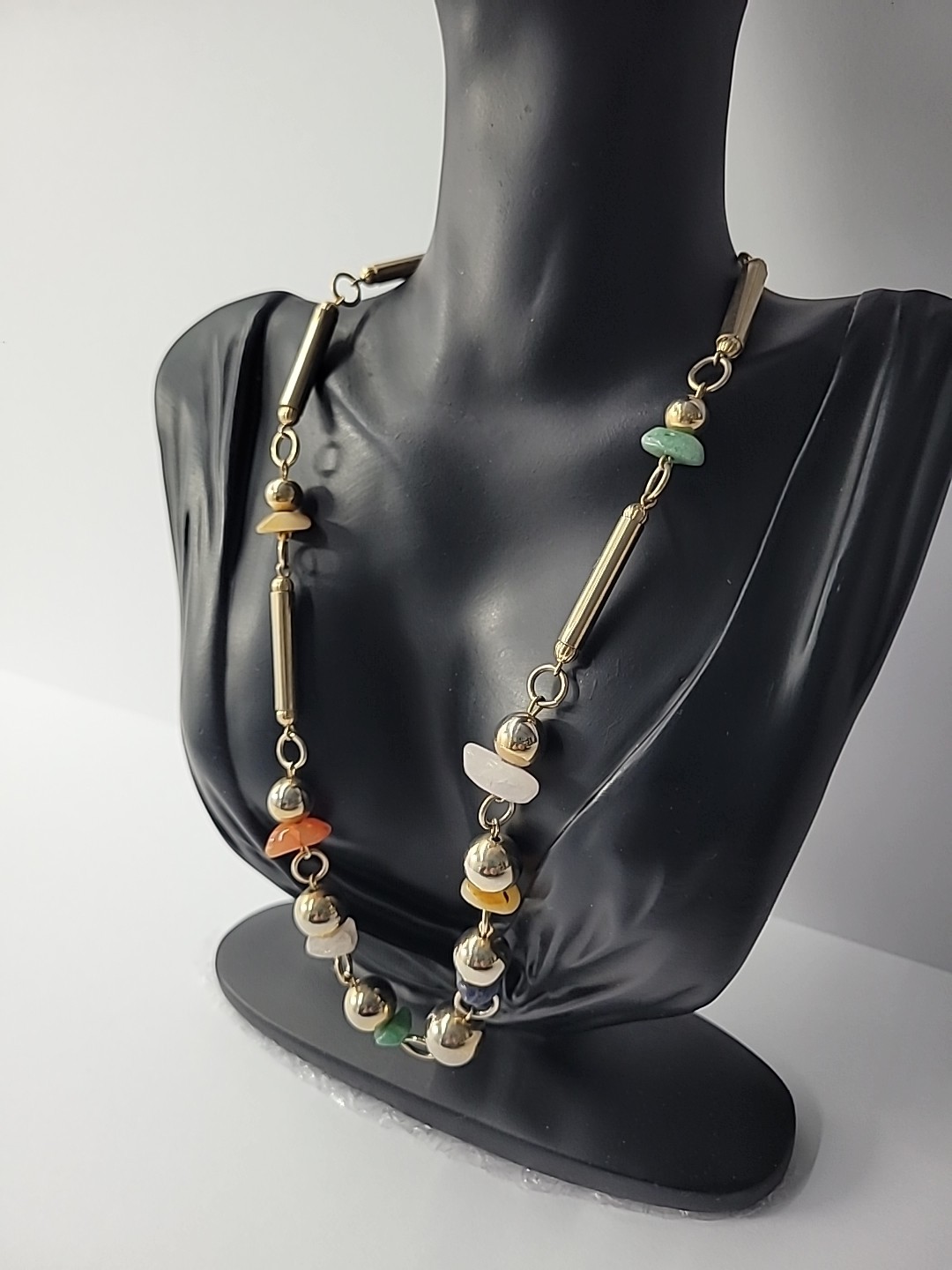 Vintage Gold Tone Beaded Necklace Mixed Stone Chips Bar Link Statement Jewelry