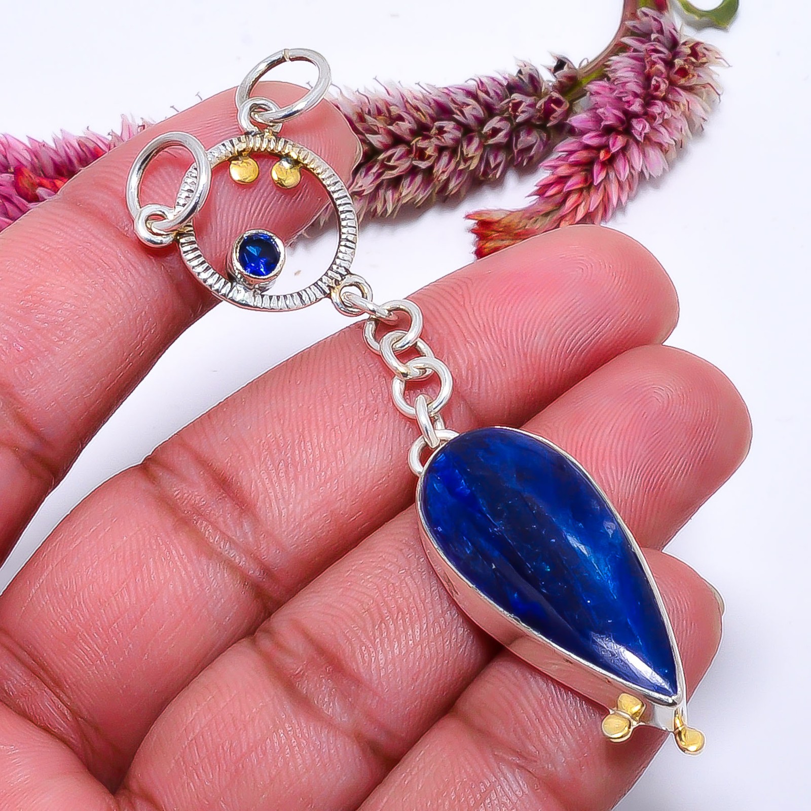 Kyanite – Nepal 925 Solid Silver Desiner Two Tone Pendant 3.04″ P1037111465
