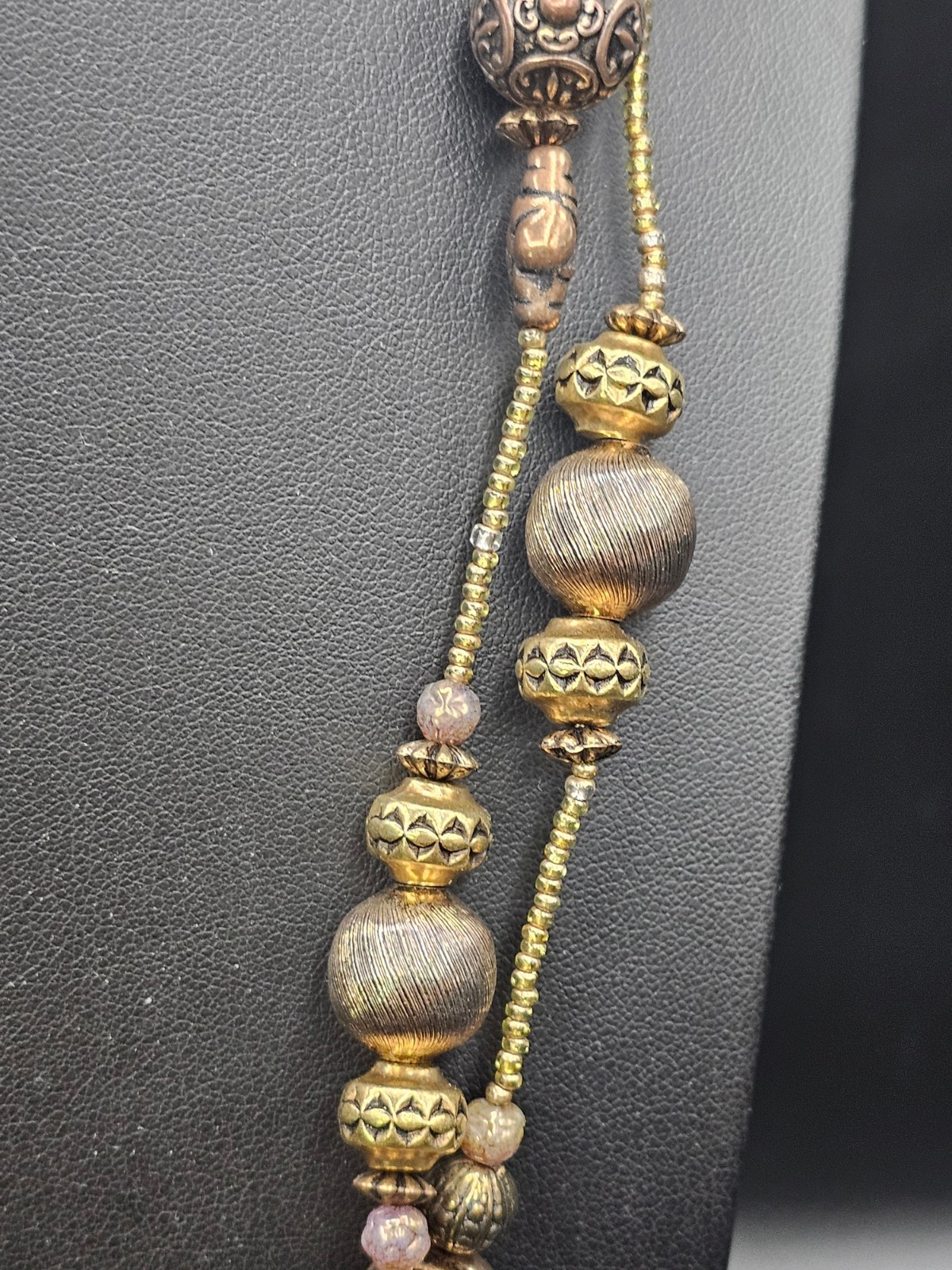 MEIFA Long Gold Tone Beaded Necklace 36″ Antiqued Bronze Mixed Metal Boho