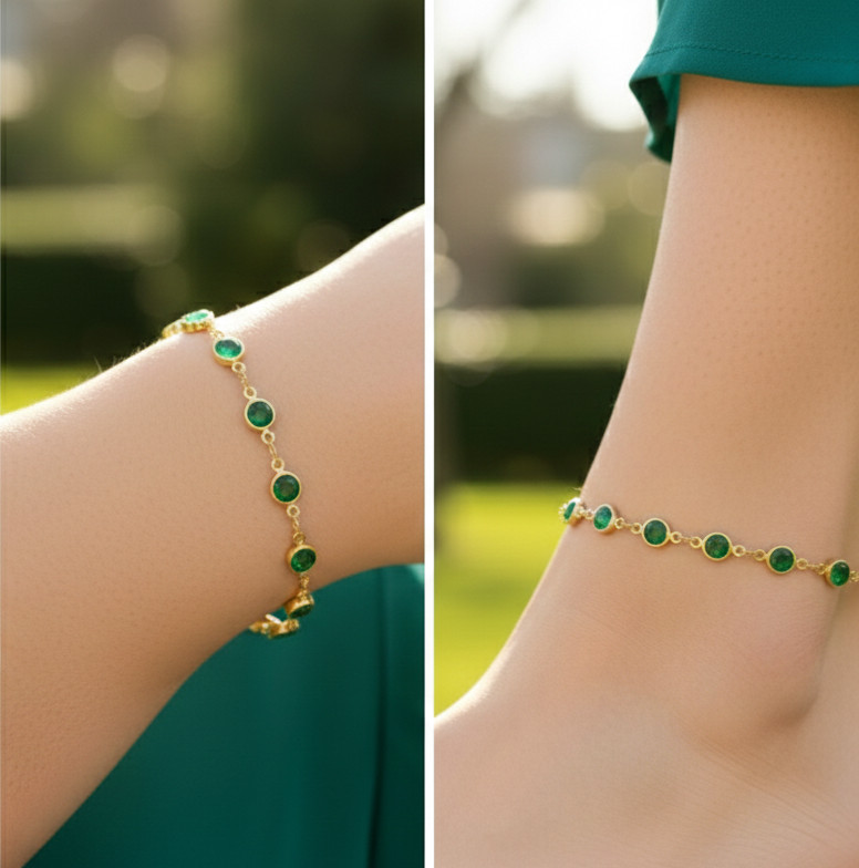 Elegant Gold Color Emerald Green Stone Anklet 18K Gold Plated Designer Anklet
