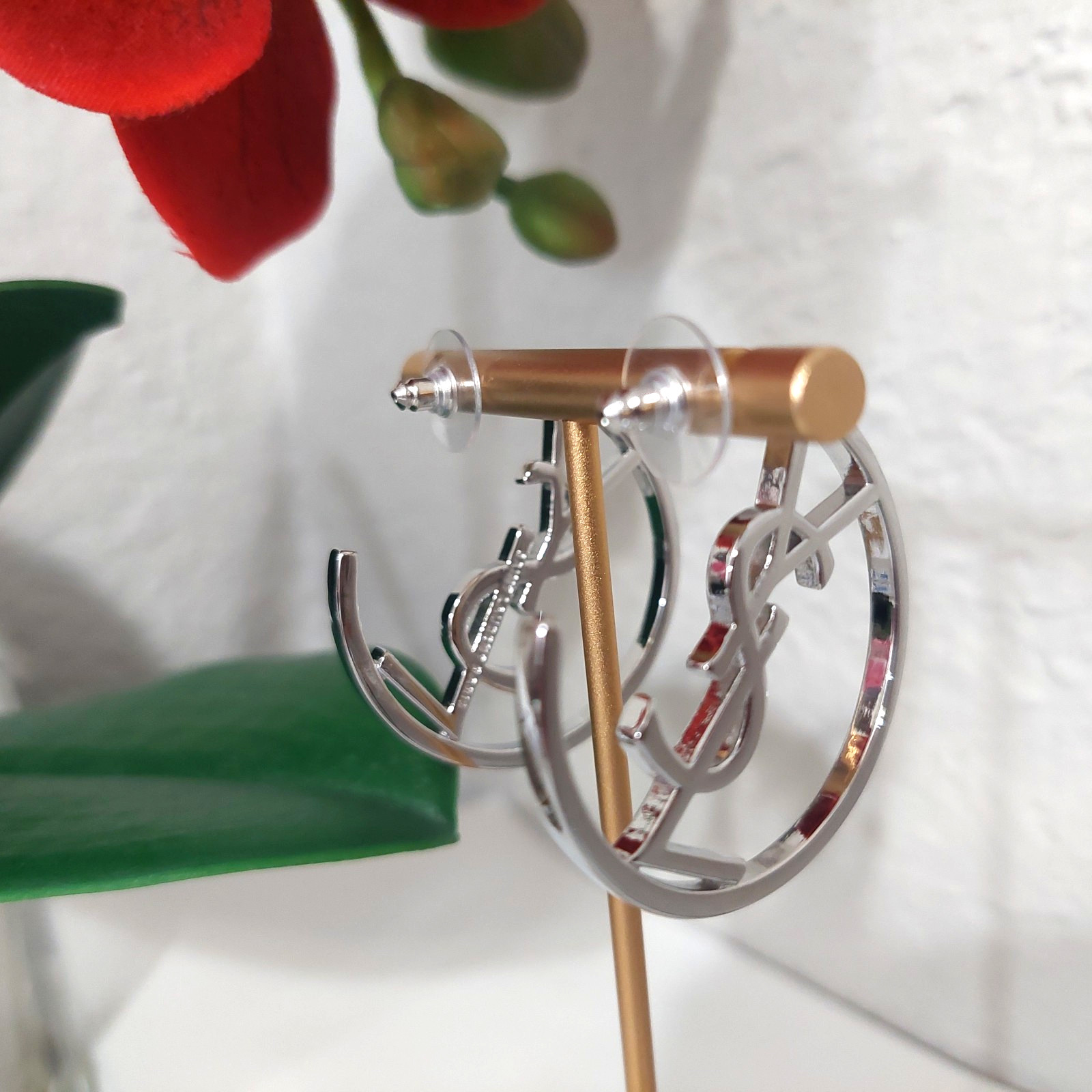 Auth. YVES SAINT LAURENT YSL LOGO Large HOOP EARRINGS Silver Tone