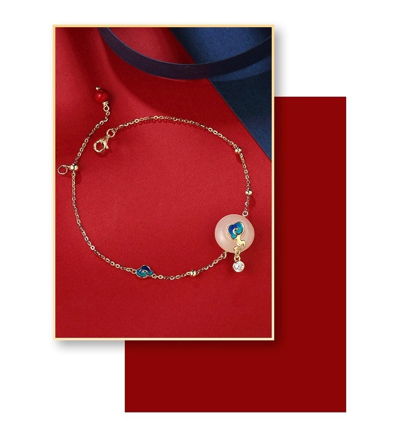 Enamel Auspicious Cloud White Jade Buckle Gold Plated 925 Silver Bracelet