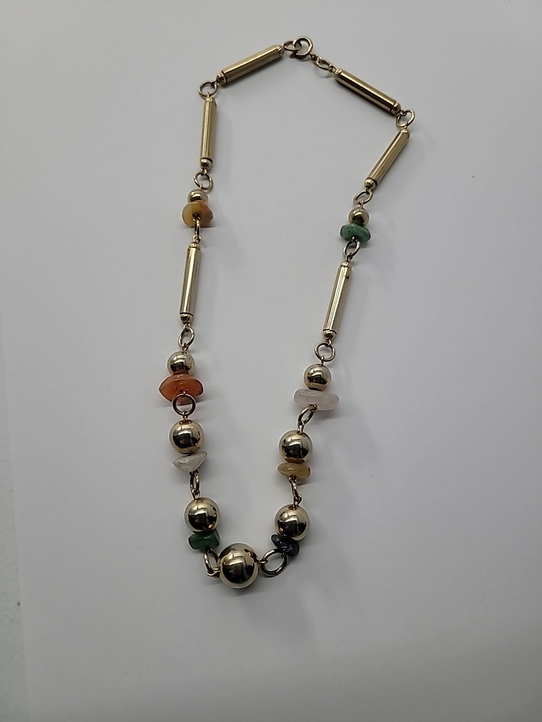 Vintage Gold Tone Beaded Necklace Mixed Stone Chips Bar Link Statement Jewelry