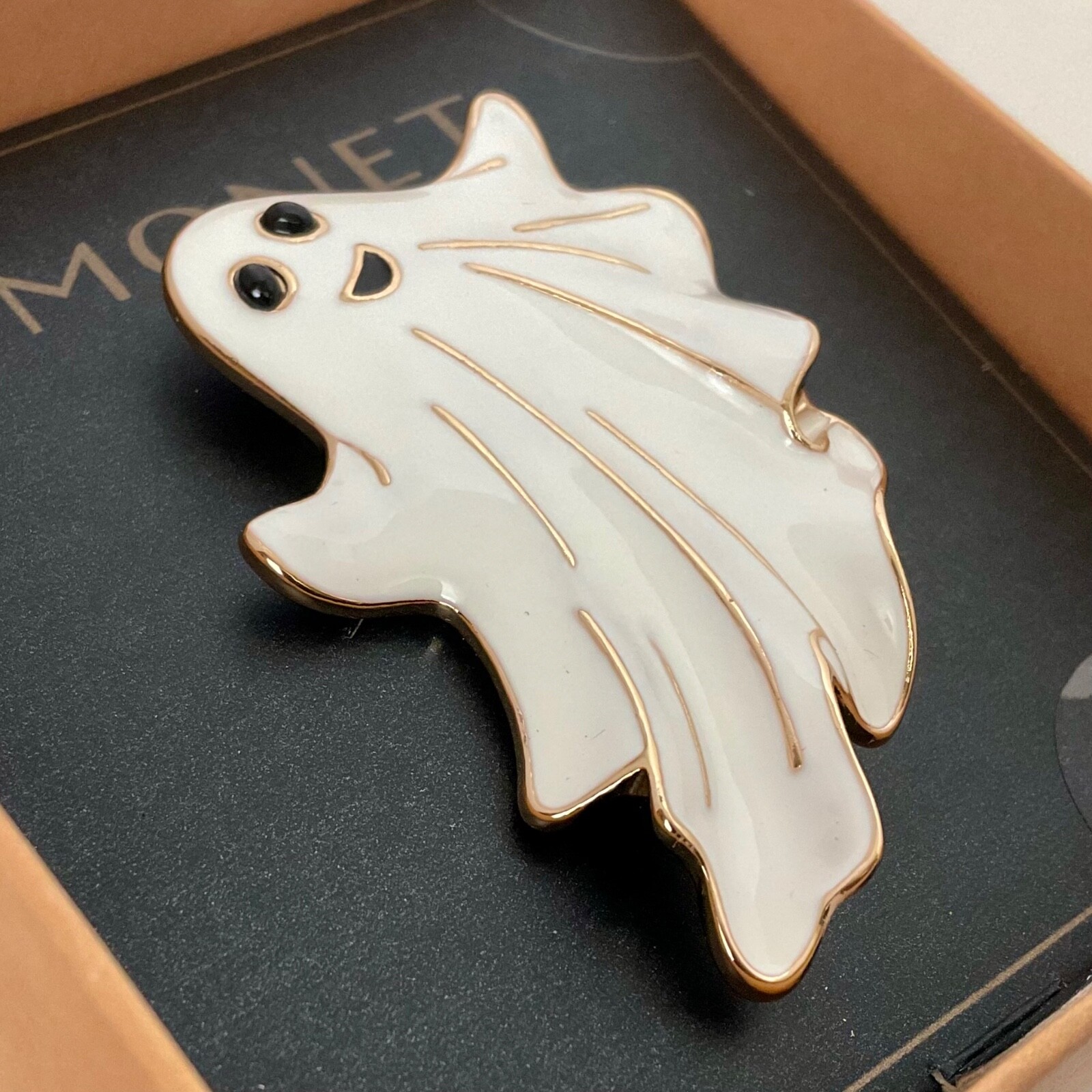 Monet Signed Halloween Ghost Pin Gold Tone & White Enamel Spooky NEW