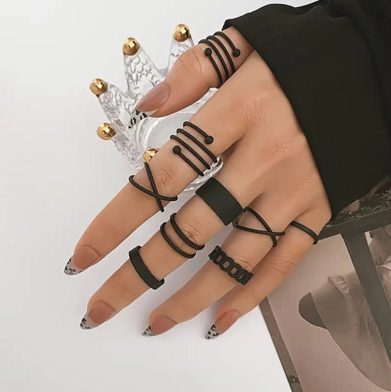 9pc Stackable Ring Set Alloy Geometry Spiral Rings Gothic Style Black Accessory