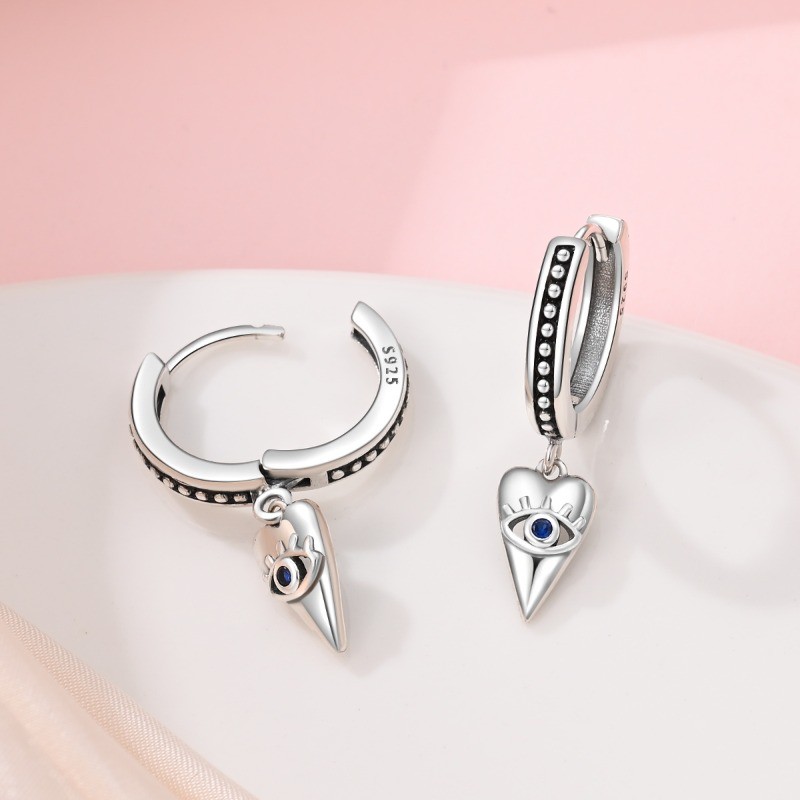 PANDACH 925 Sterling Silver Retro Heart Shape Evil Eye Drop Earrings For Women