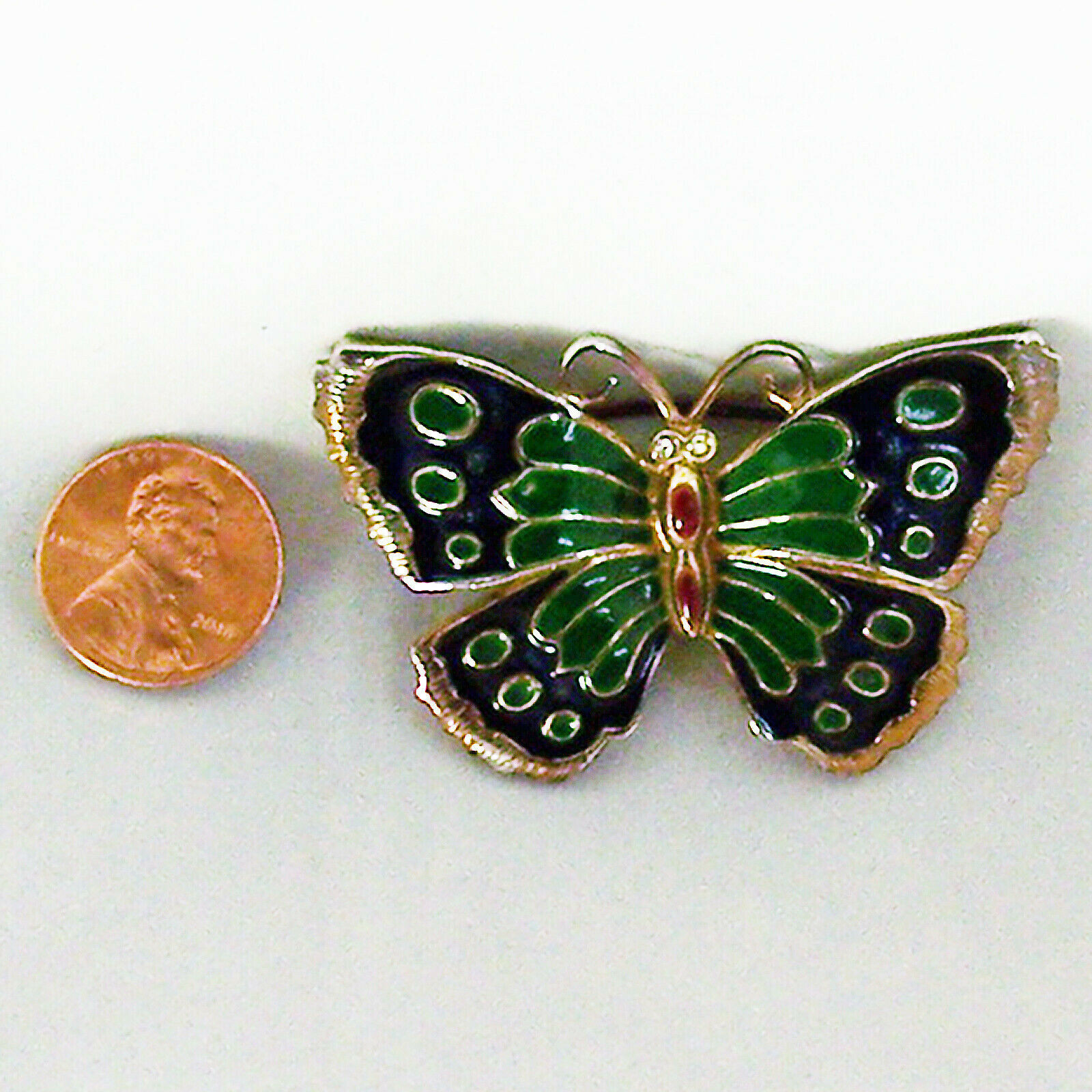 Vintage Pin Butterfly Green Blue Red Enamel Clear Rhinestone Goldtone Brooch 