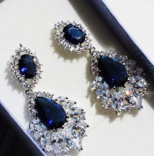 18k Platinum Plated Earrings Made Simulated Diamond Blue Marquise Stone