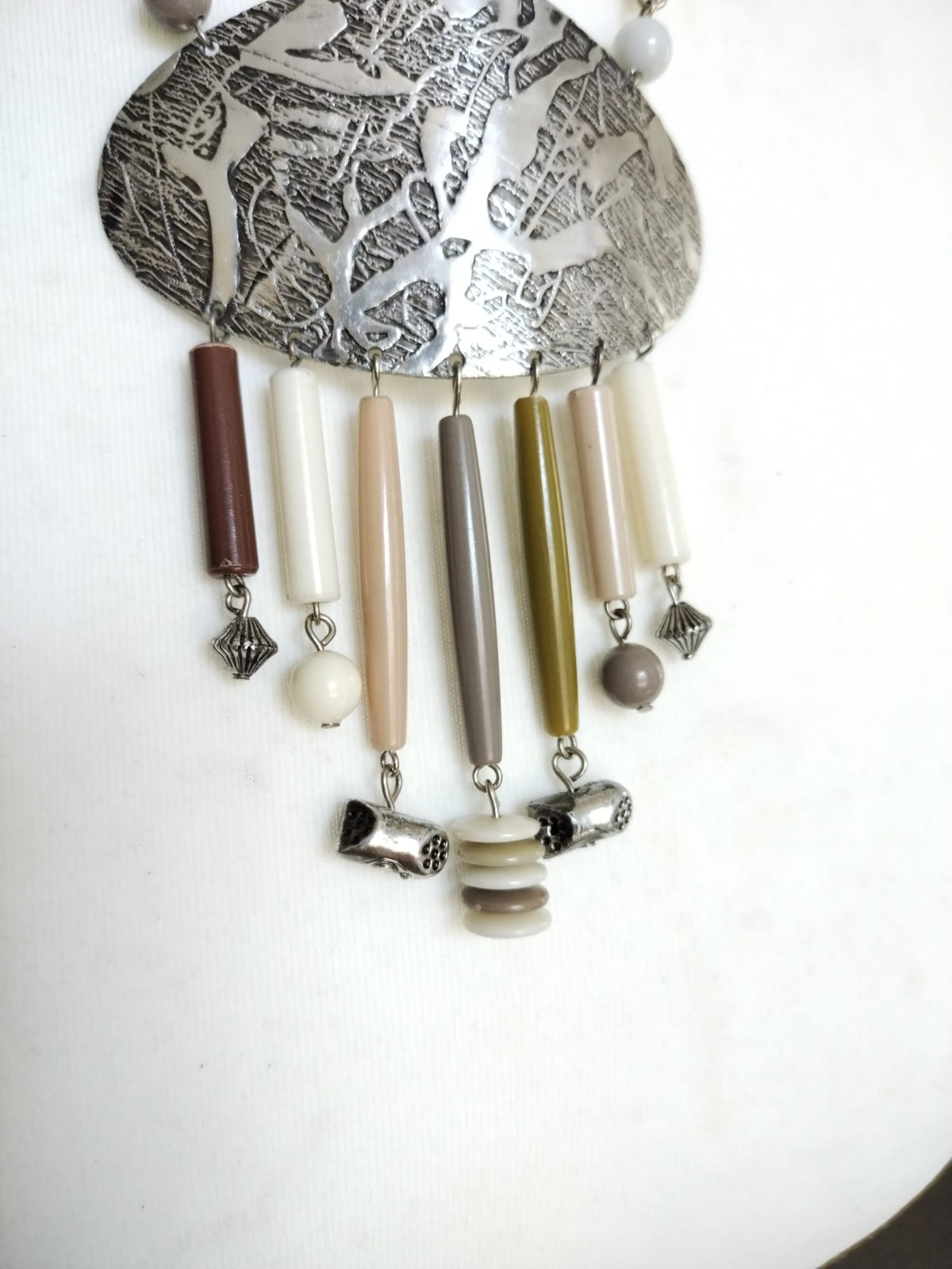 Ethnic Necklace Natural Colours ,hammered Oval Silver Toned Metal, Fringe Beads