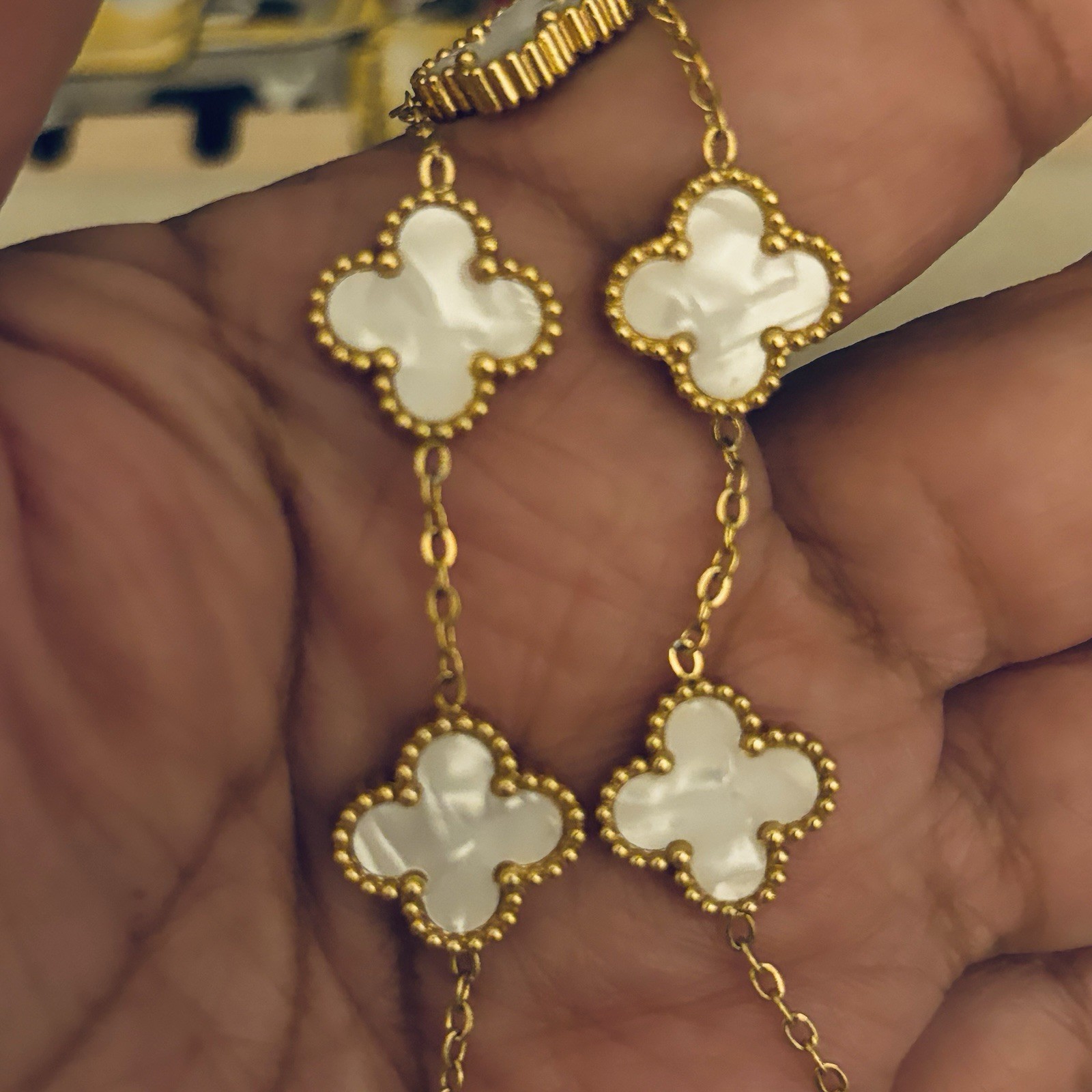Gold Tone White Mother of Pearl Clover Charm Cable Chain Bracelet, Adjustable