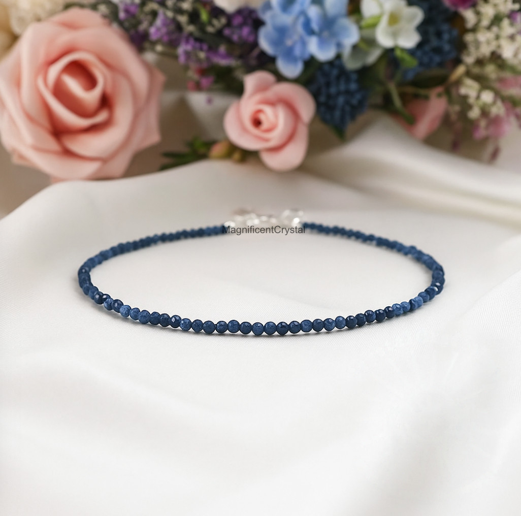 Dainty Sapphire Anklet 3mm Blue Sapphire Faceted Beaded Bracelet Boho Jewelry