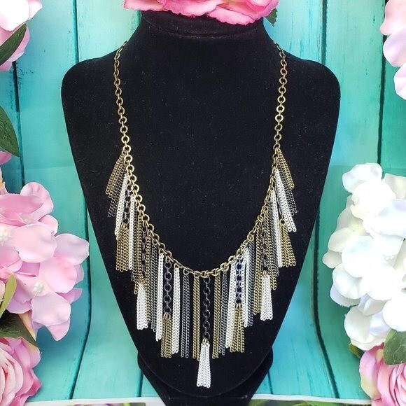 SILPADA KR Multi Tone Fringe Chain Necklace Gold Brass Gunmetal Tassel Statement