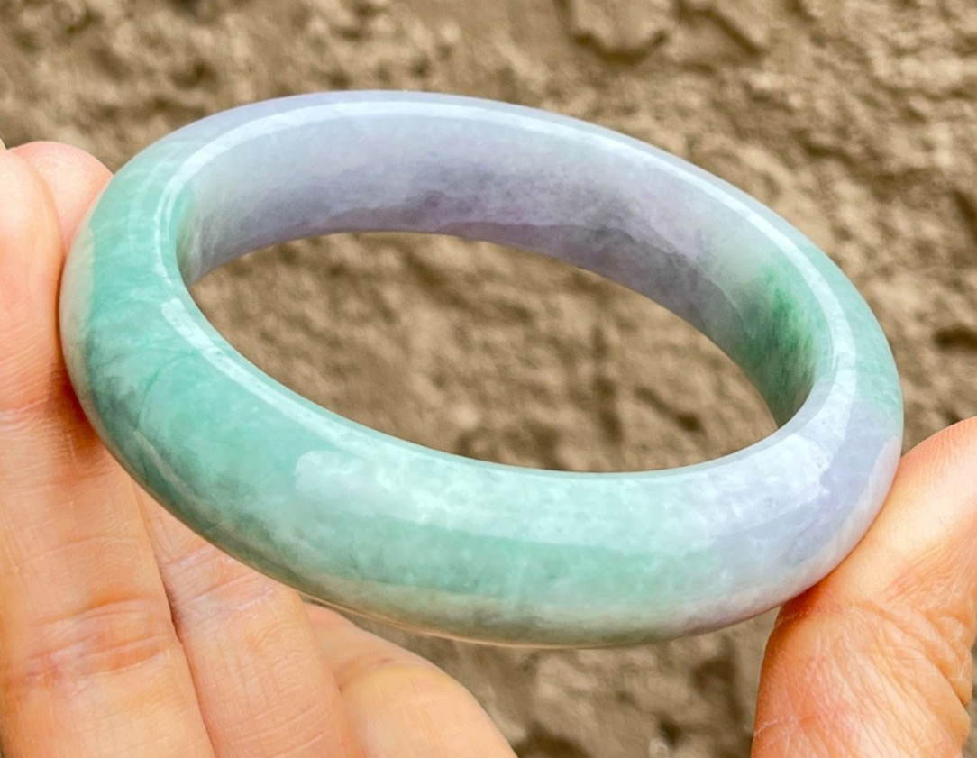 Natural Grade A Burmese Jadeite Bangle 52.7mm Lavender & Green – Unique Piece