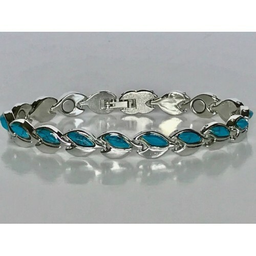 Womens Magnetic Bracelet Half Silver Tone Half Turquoise Size 7.5″ 💝Great Gift