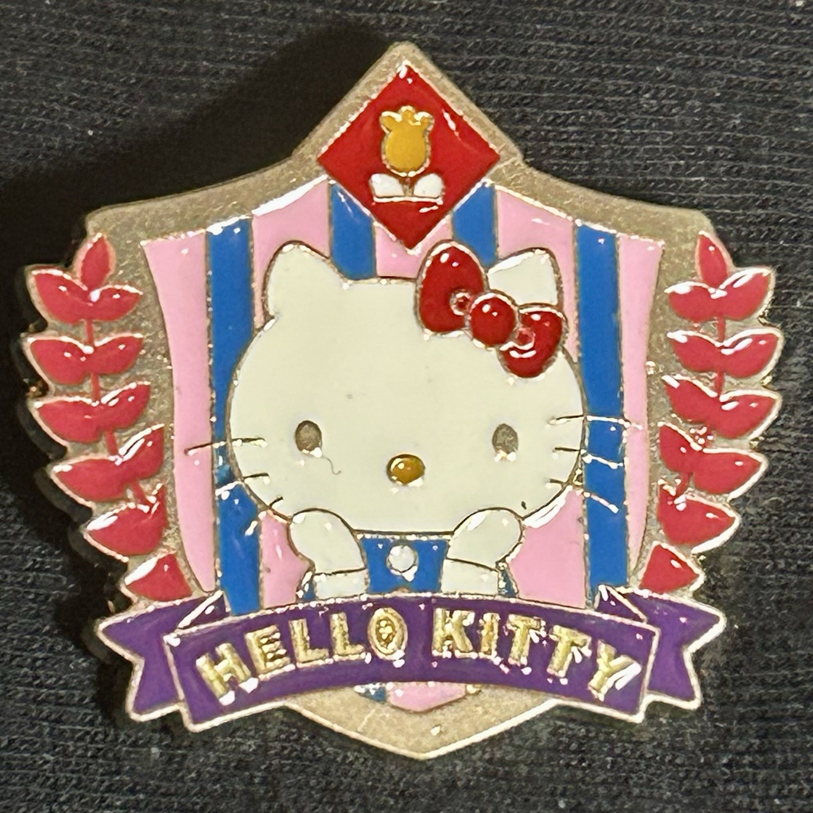 Happy Hello Kitty Multi-Colored Badge W/ An Orange Flower, Metal, Alloy, Pin.