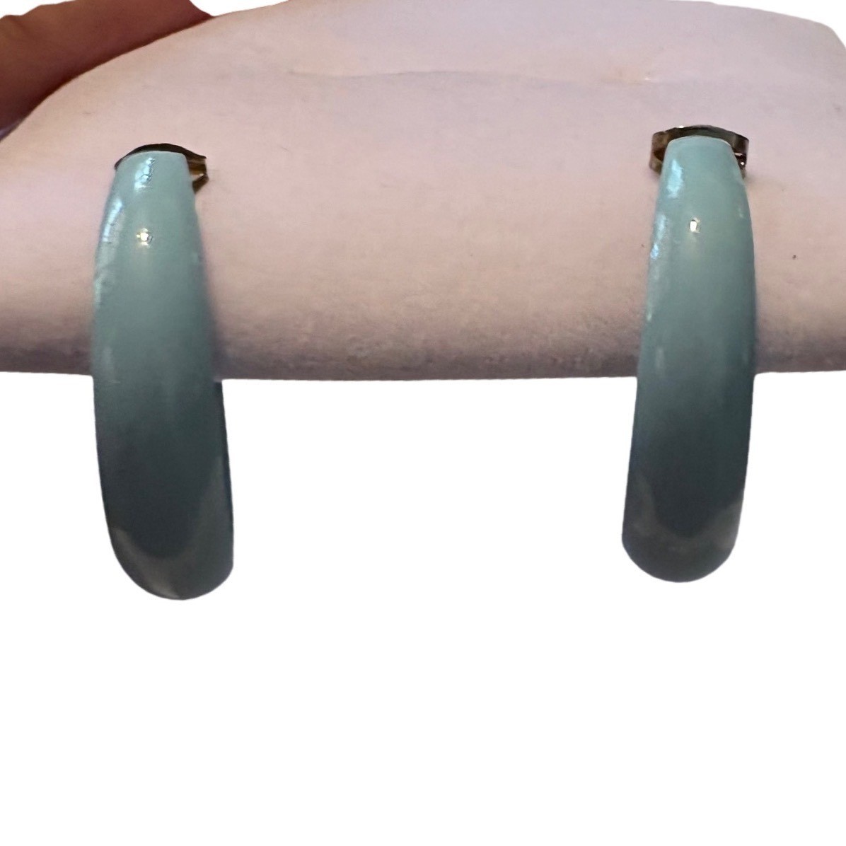 1980s Light Blue Enamel Hoop Earrings Retro C-Shape Post Back Glossy Pastel