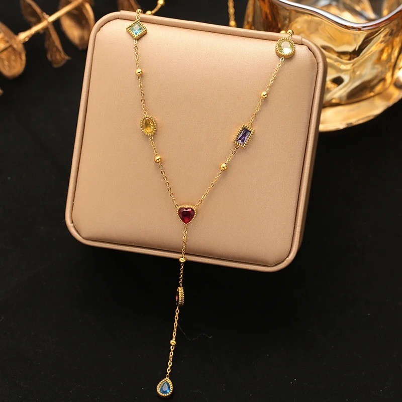 316L Stainless Steel Colored Zircon Necklace Earrings Set Luxury Sparkling Cryst