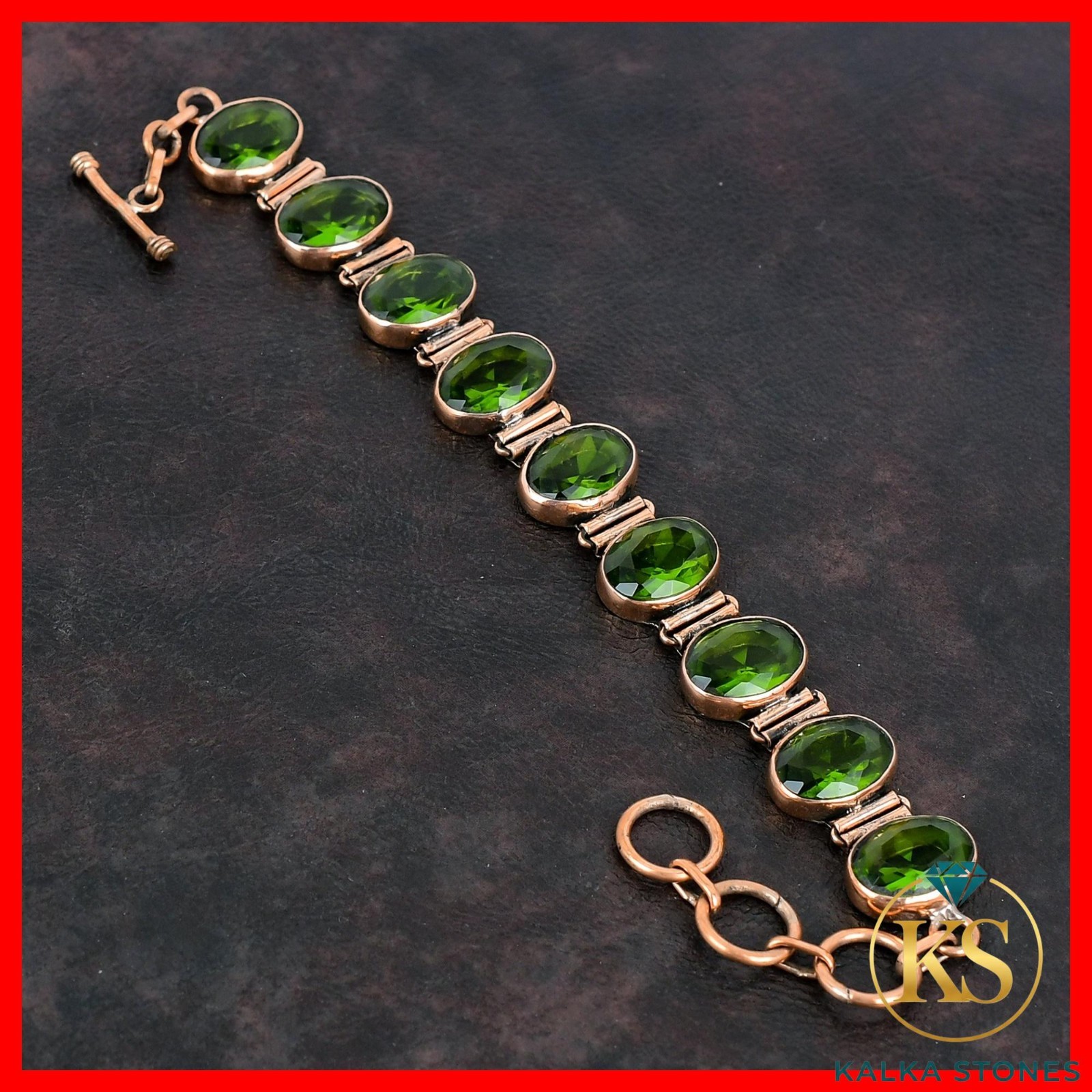 August Birth Oval Natural Peridot Copper Engagement Mother Bezel Unique Bracelet