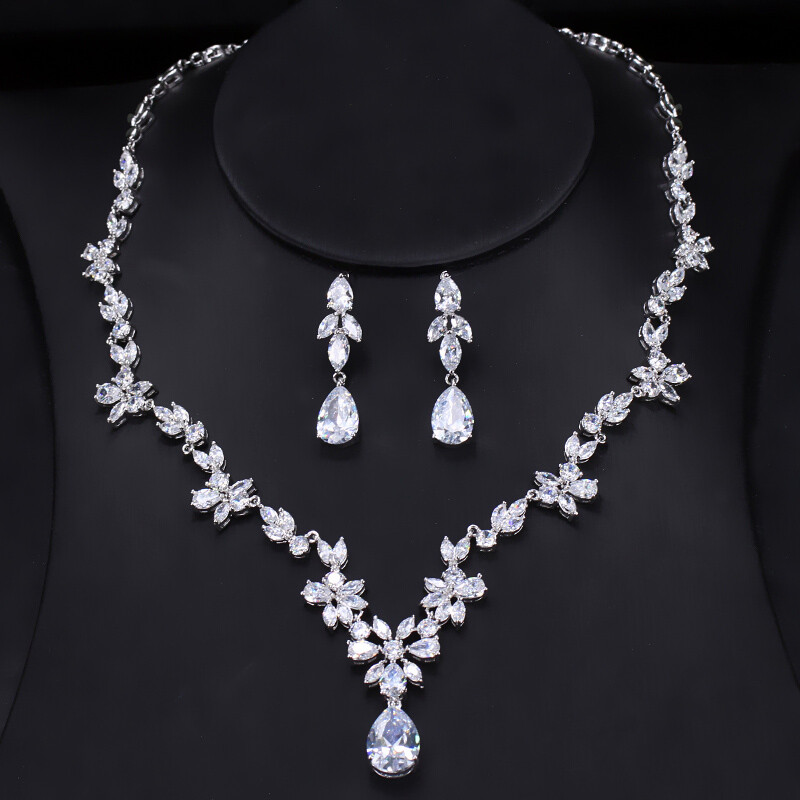 Silver Plated White CZ Necklace Earrings Sets Bridal Costume Jewelry Accessories