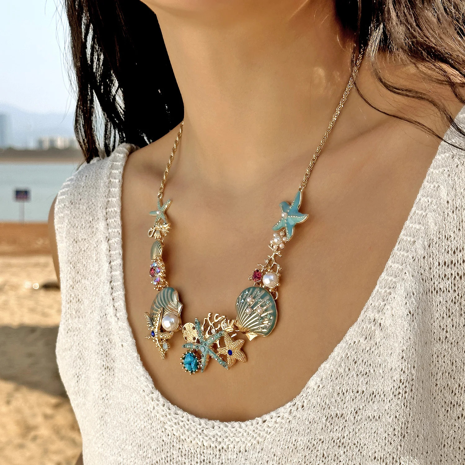 Boho Shiny Starfish Shell Coral Pearl Pendant Necklace For Women Crystal Zircon