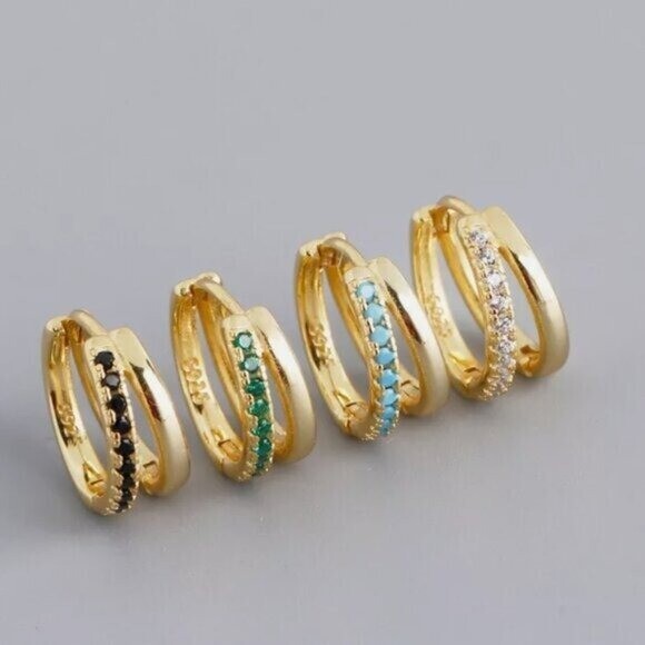 Everyday Huggie Earrings Double Huggies Gold CZ Pave Dainty Small Gold Hoops