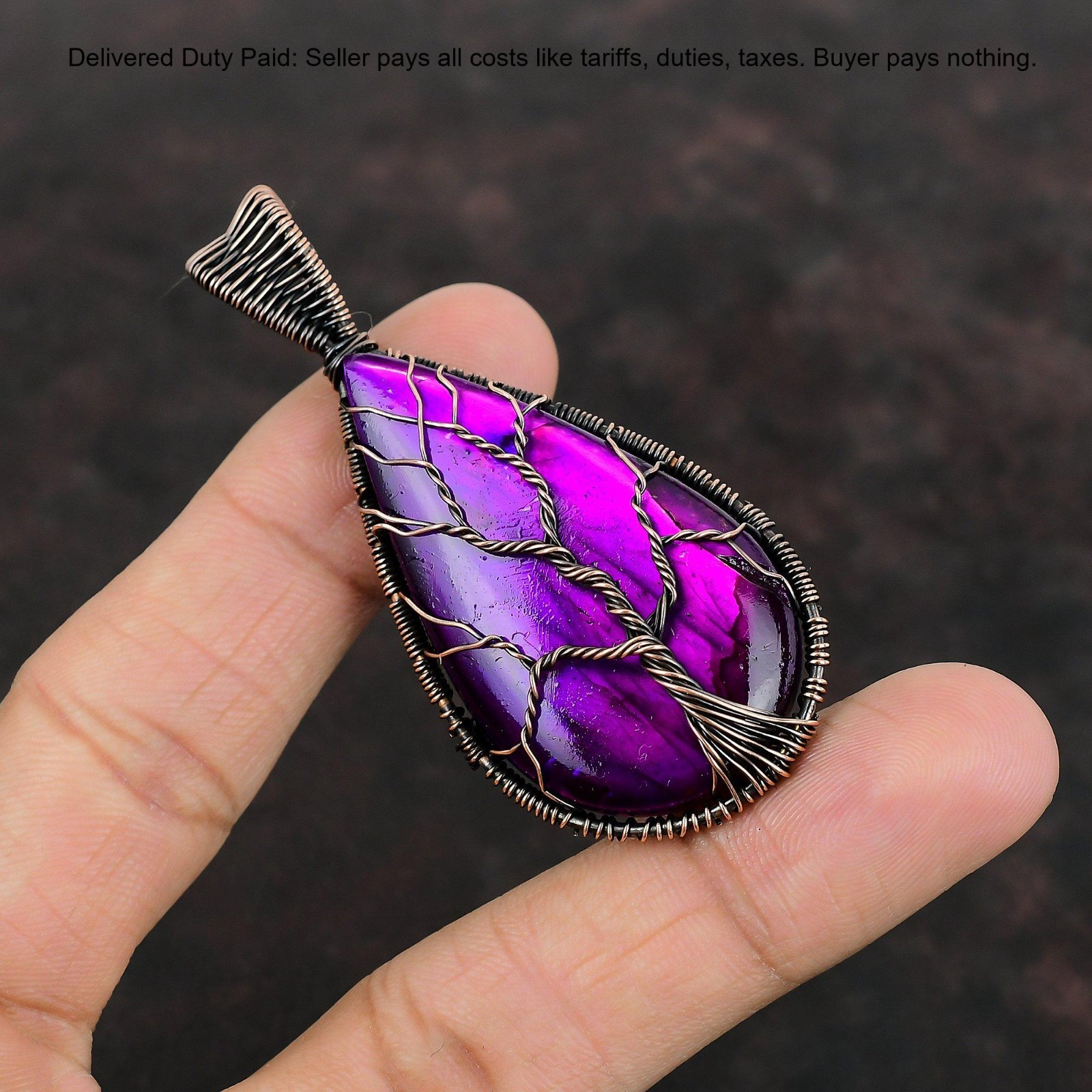 Pink Fire Labradorite Gemstone Wife Tree Of Life And Wire Wrapped Pendant Copper