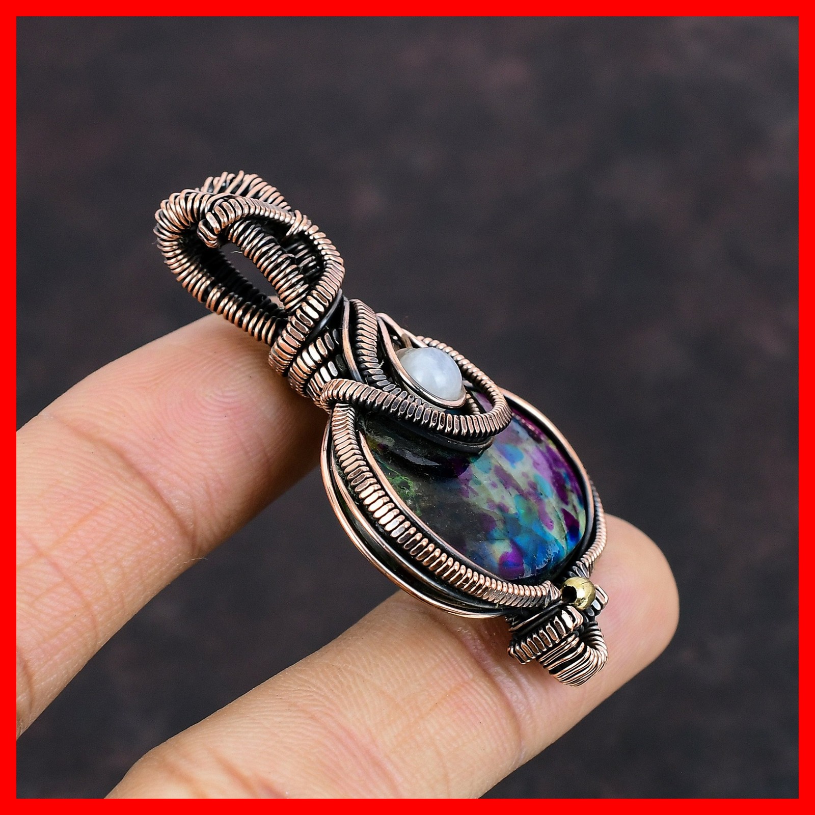 Copper Multi Fire Labradorite Gemstone Rainbow Moonstone Wire Wrapped Pendant
