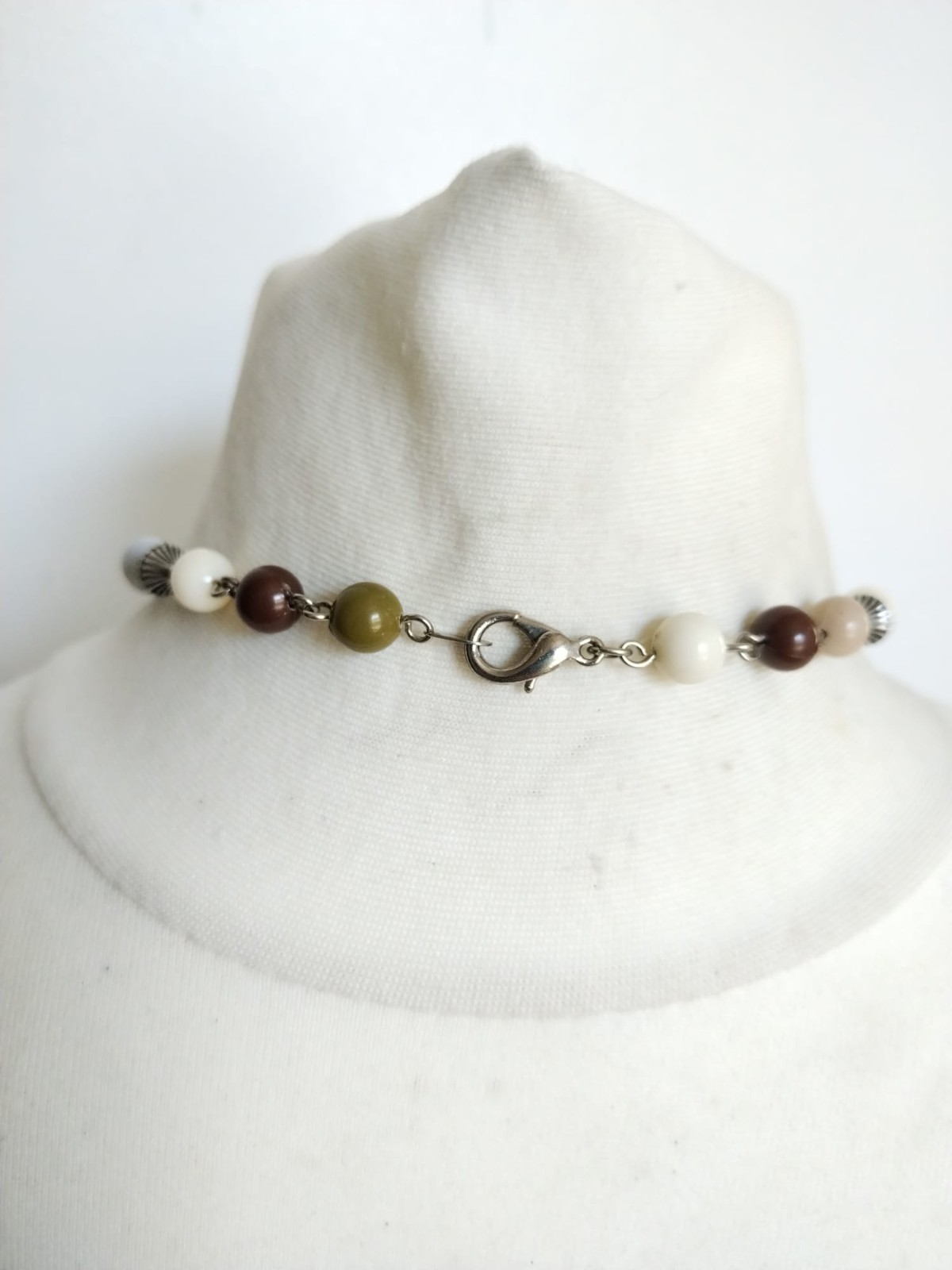 Ethnic Necklace Natural Colours ,hammered Oval Silver Toned Metal, Fringe Beads