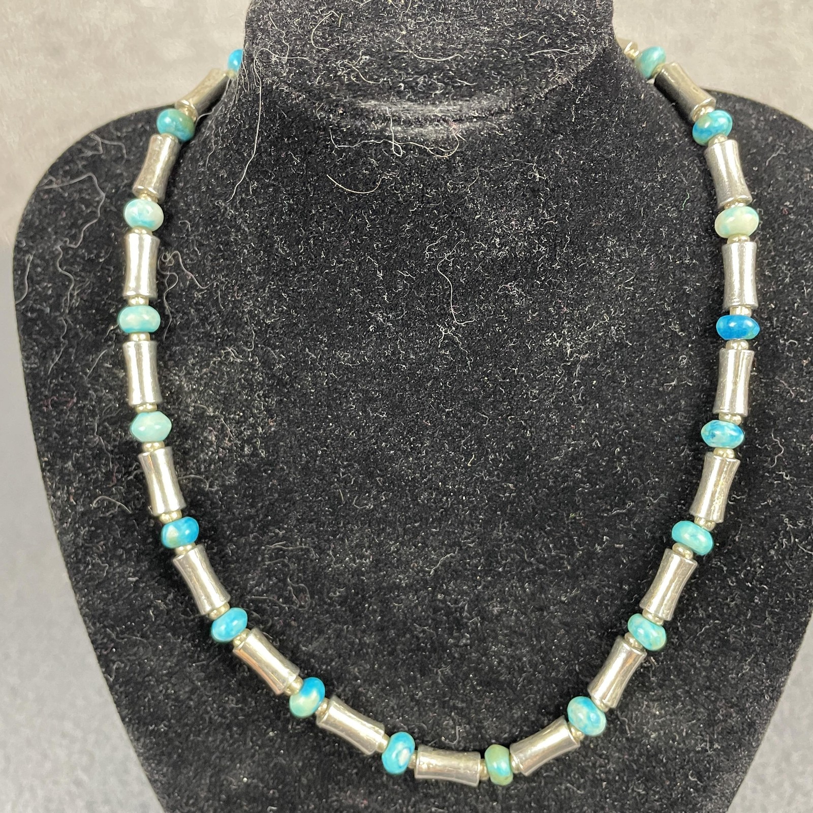 Necklace Blue Turquoise Stone Beaded Silver Tone Tube 17 In Womens Jewelry