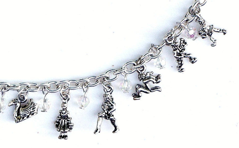 12 Days of Christmas silver tone Charm Bracelet – length = 7.5″ Holiday