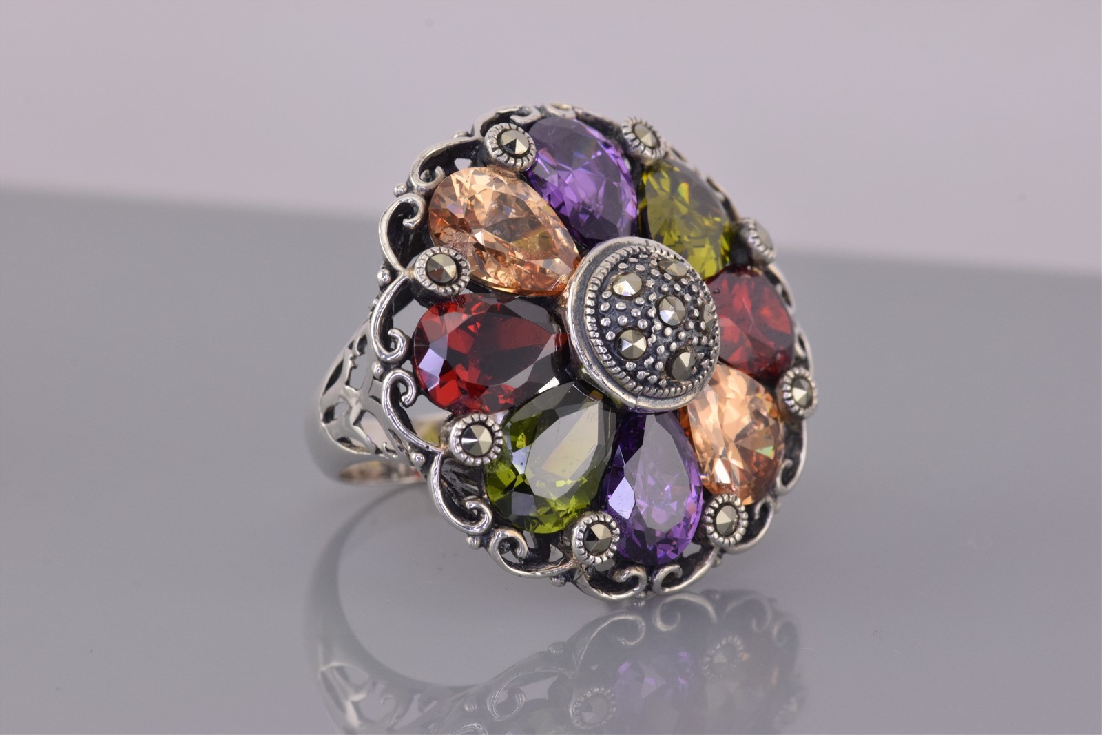 Sterling Silver 30mm Colorful Pear Cut Flower Statement Band Ring 14g 925 Sz: 9