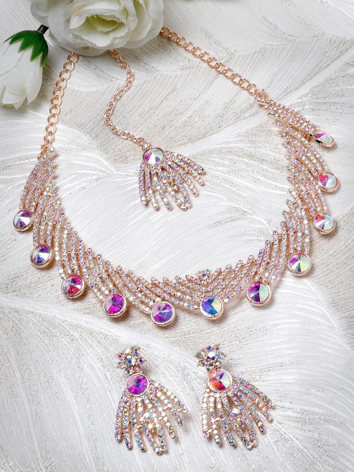 Rose Gold Plated Rainbow Stones Collar Bone Necklace Set With Earring And Maangt
