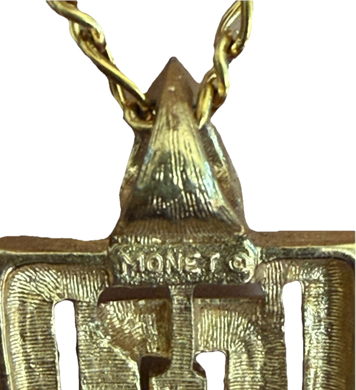 Monet Art Deco Style Necklace Textured Gold Tone Pendant Modernist Vibe 24” POSH