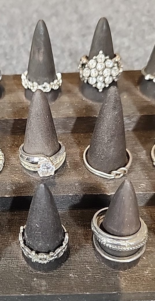 Jewelry 21 French Rings Rhinestones Sized Silver Tones Lot #175 See Description