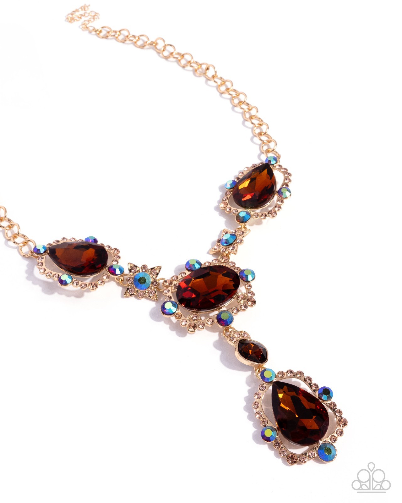 Paparazzi Fancy Formula – Brown – Golden Rhinestone – Blue & Tea Gems – Necklace