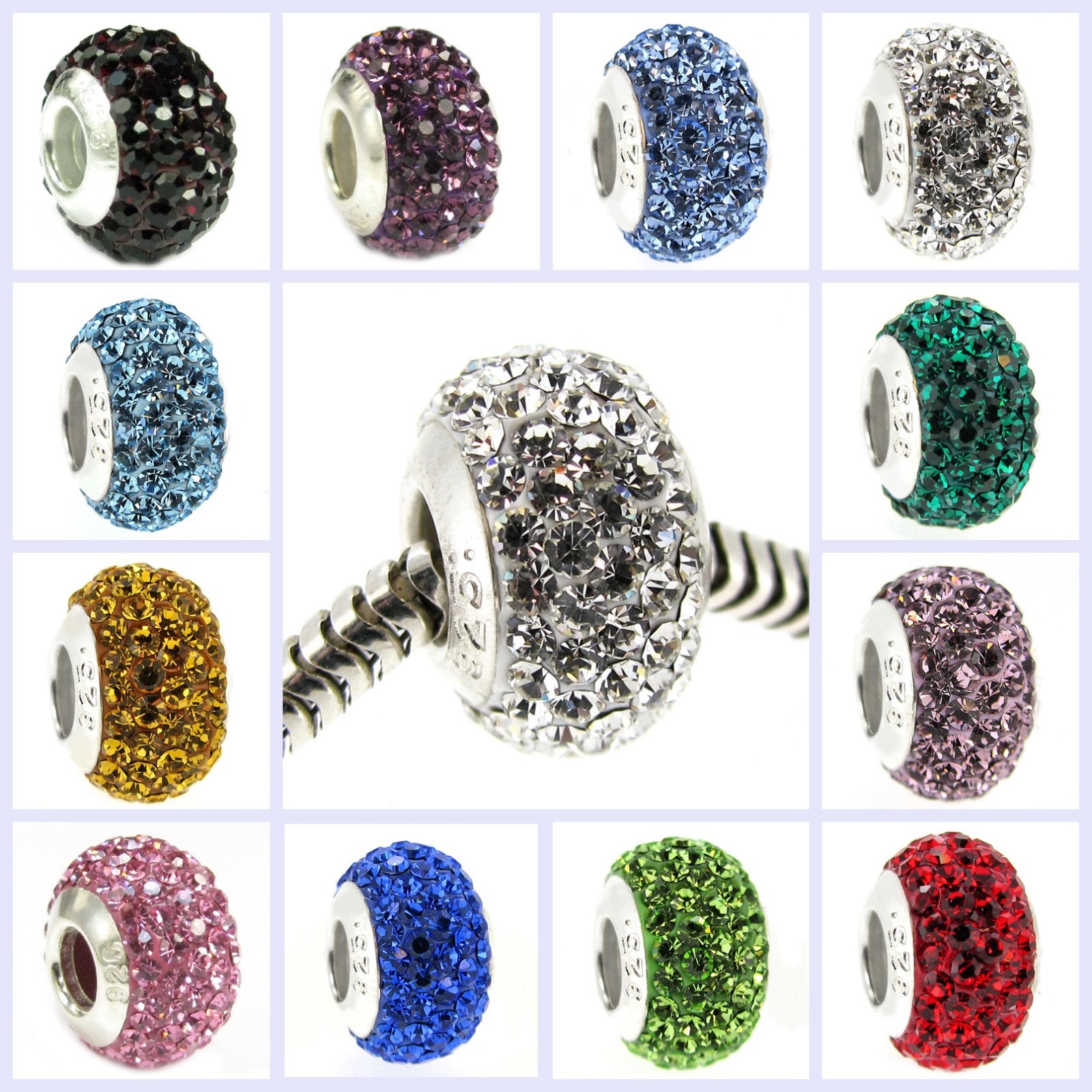 .925 Sterling Silver BIRTHSTONE ROUND Bling Bead for European Charm Bracelet