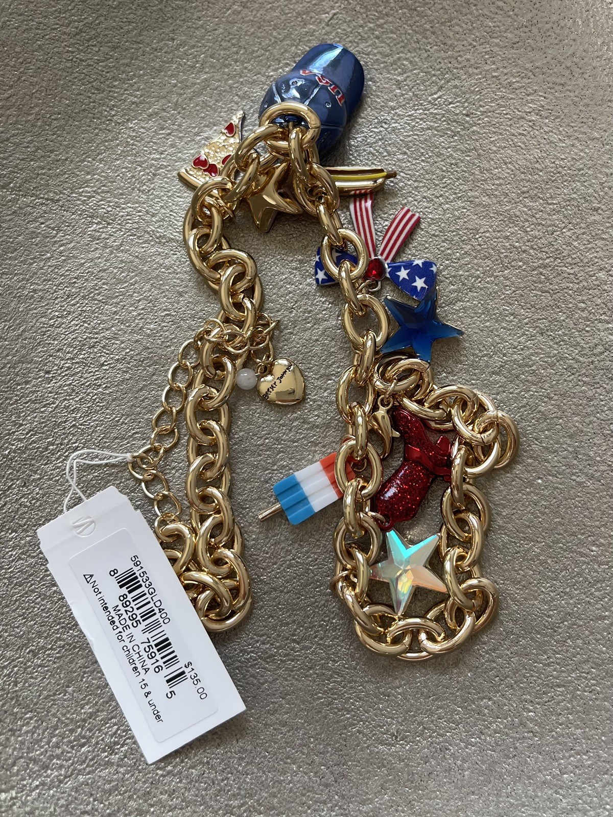Betsey Johnson Americana USA Red White Blue Charm Shiny Gold Tone Necklace NWT
