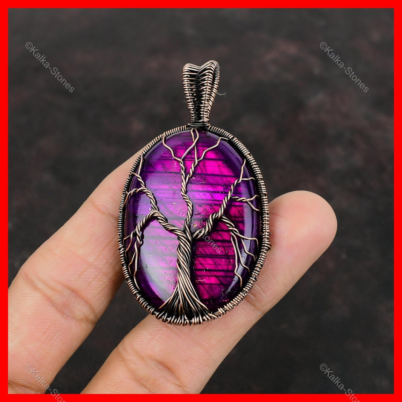 Pink Fire Labradorite Stone Tree Of Life And Wire Wrapped Pendant Jewelry Copper