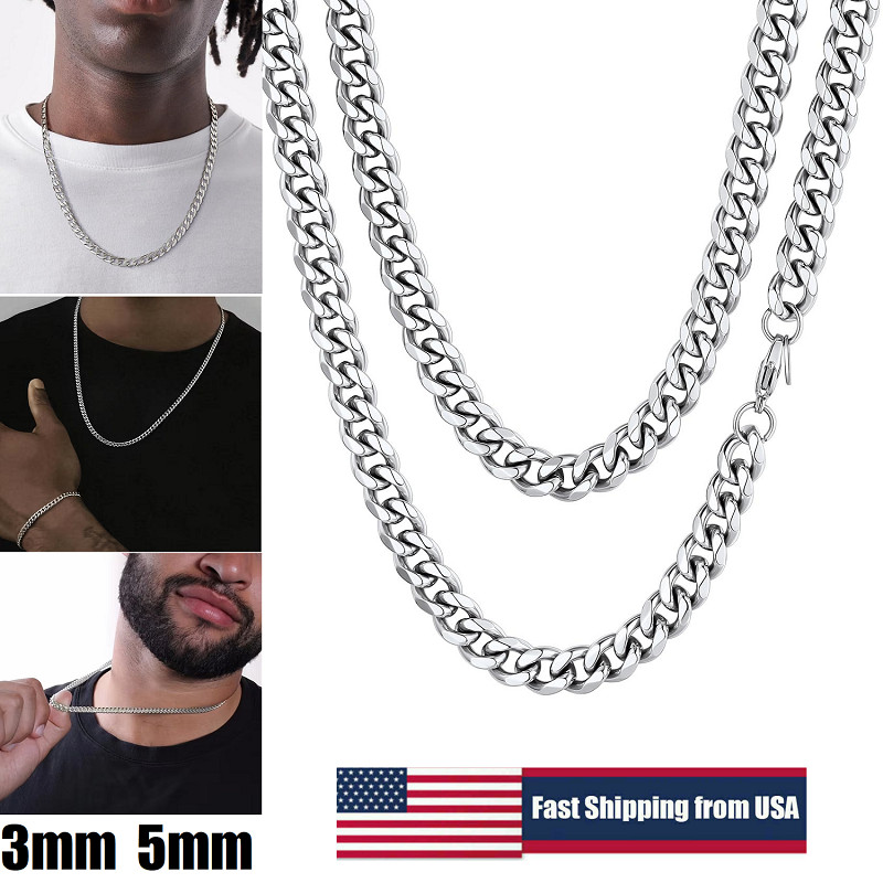 Stainless Steel Cuban Link Chain Necklace Men Chunky Curb Silver Tone Jewelry US