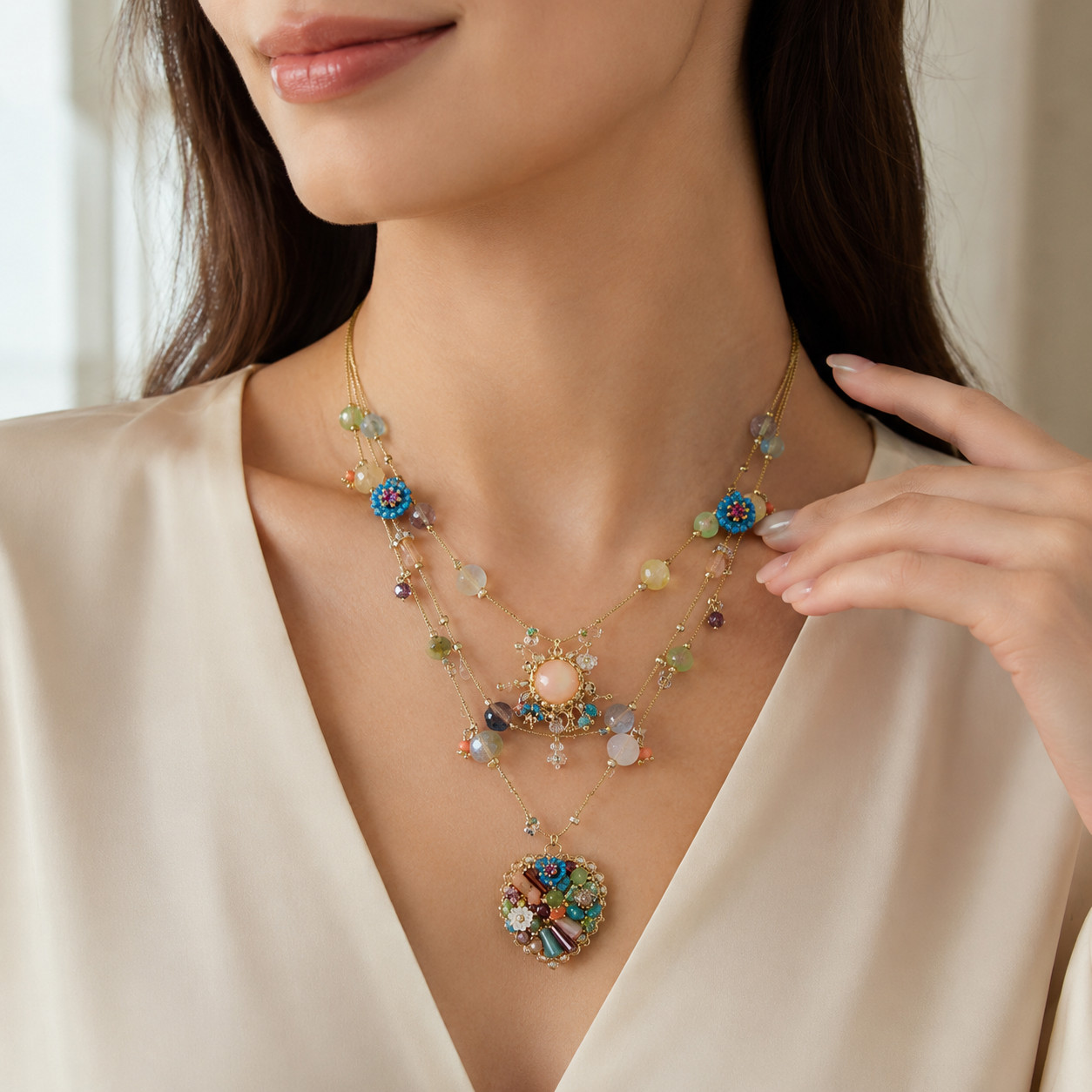Women’s Butterfly & Heart Layered Necklace Adjustable Chain Pendant Boho