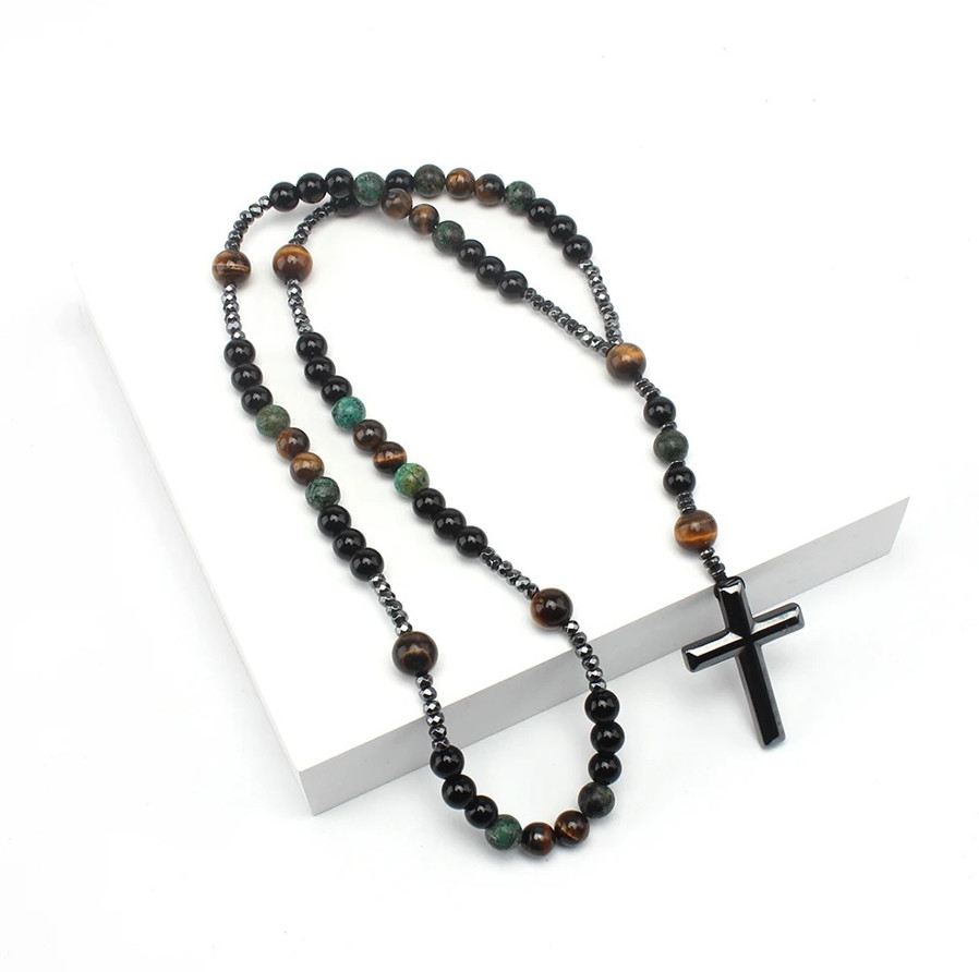 1pc Natural Stone Cross Pendant Necklace African Turquoise Tiger Eye – NEW